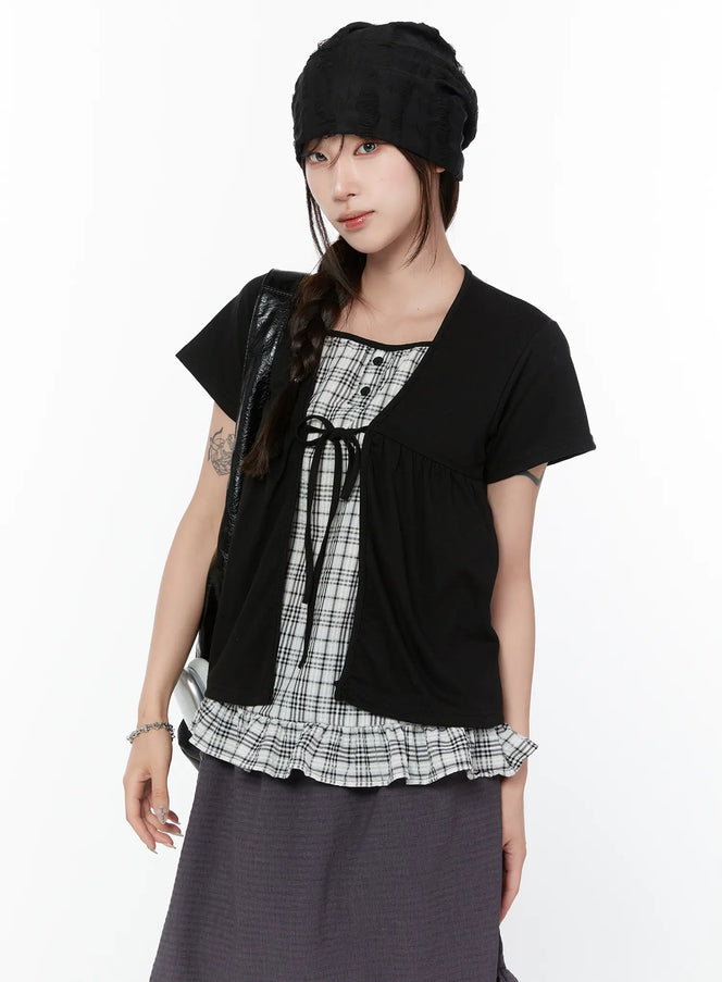 layered-check-frill-sleeve-top-cy515 / Black