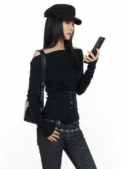 off-shoulder-corset-long-sleeve-top-cm516 / Black