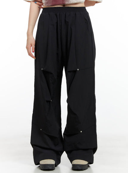 stud-banded-nylon-wide-leg-pants-cg409 / Black