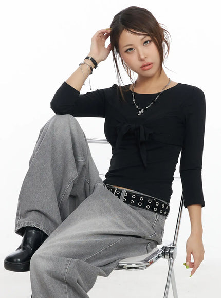 u-neck-ribbon-tie-3-4-sleeve-top-cf511 / Black