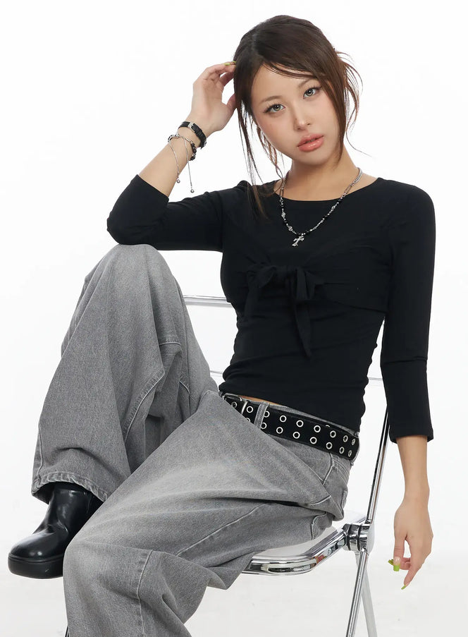 u-neck-ribbon-tie-3-4-sleeve-top-cf511 / Black