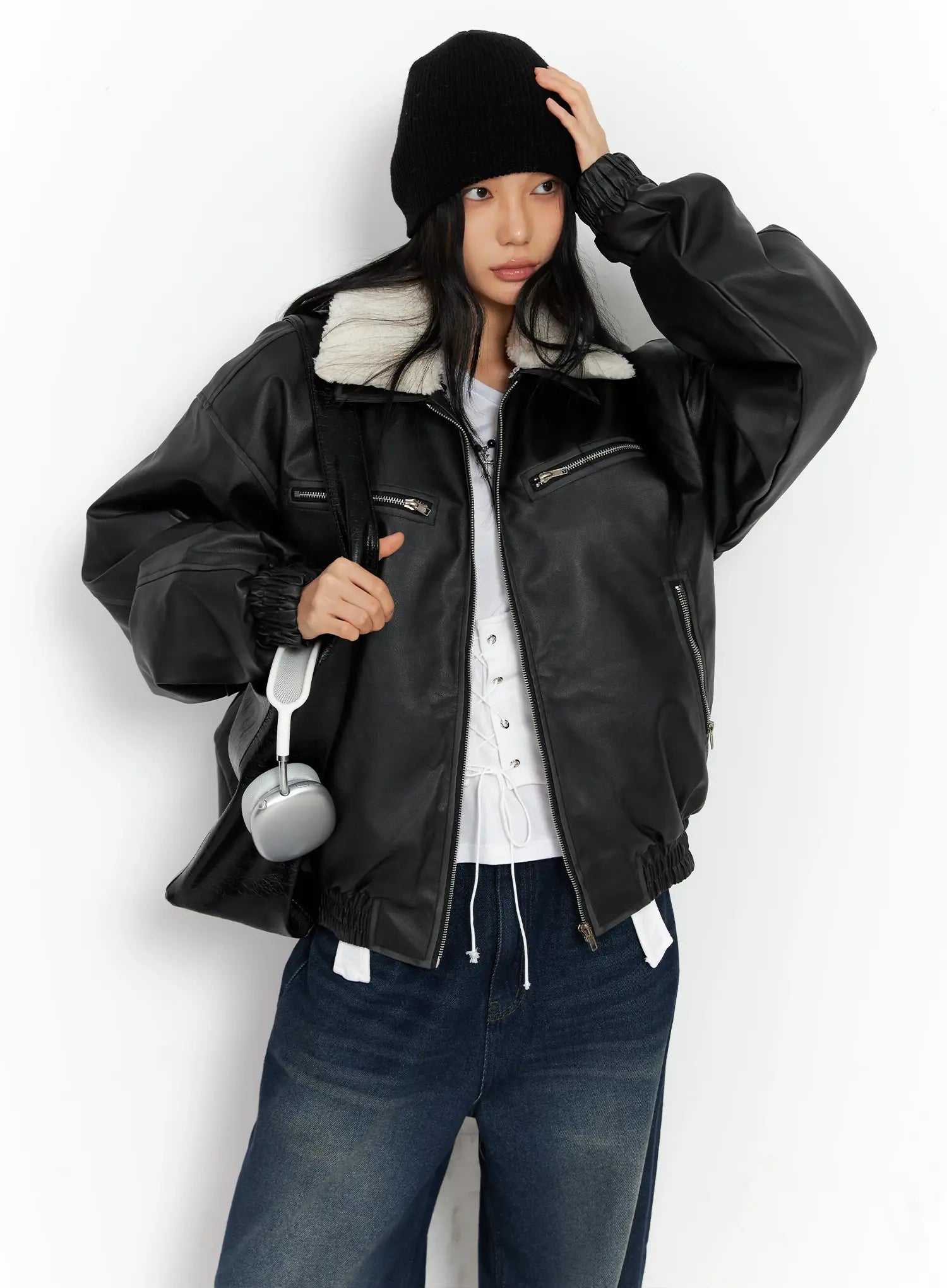 oversized-faux-fur-collar-jacket-co528 / Black