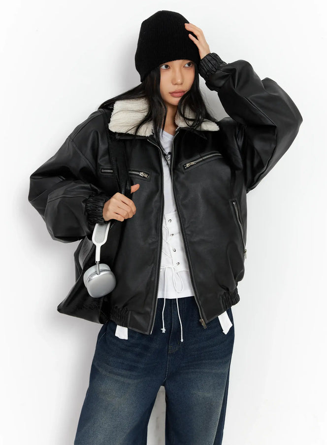 oversized-faux-fur-collar-jacket-co528 / Black