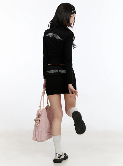 angel-wing-embellished-zip-up-top-and-skirt-set-ca507 / Black