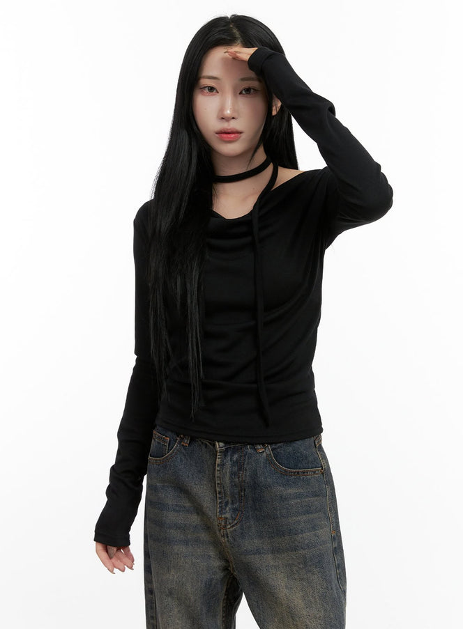 shirred-elegance-long-sleeve-tee-cn411 / Black