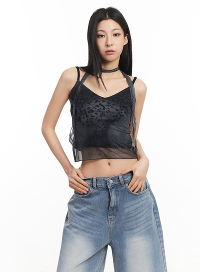 leopard-mesh-crop-cami-top-with-scarf-ca516 / Black
