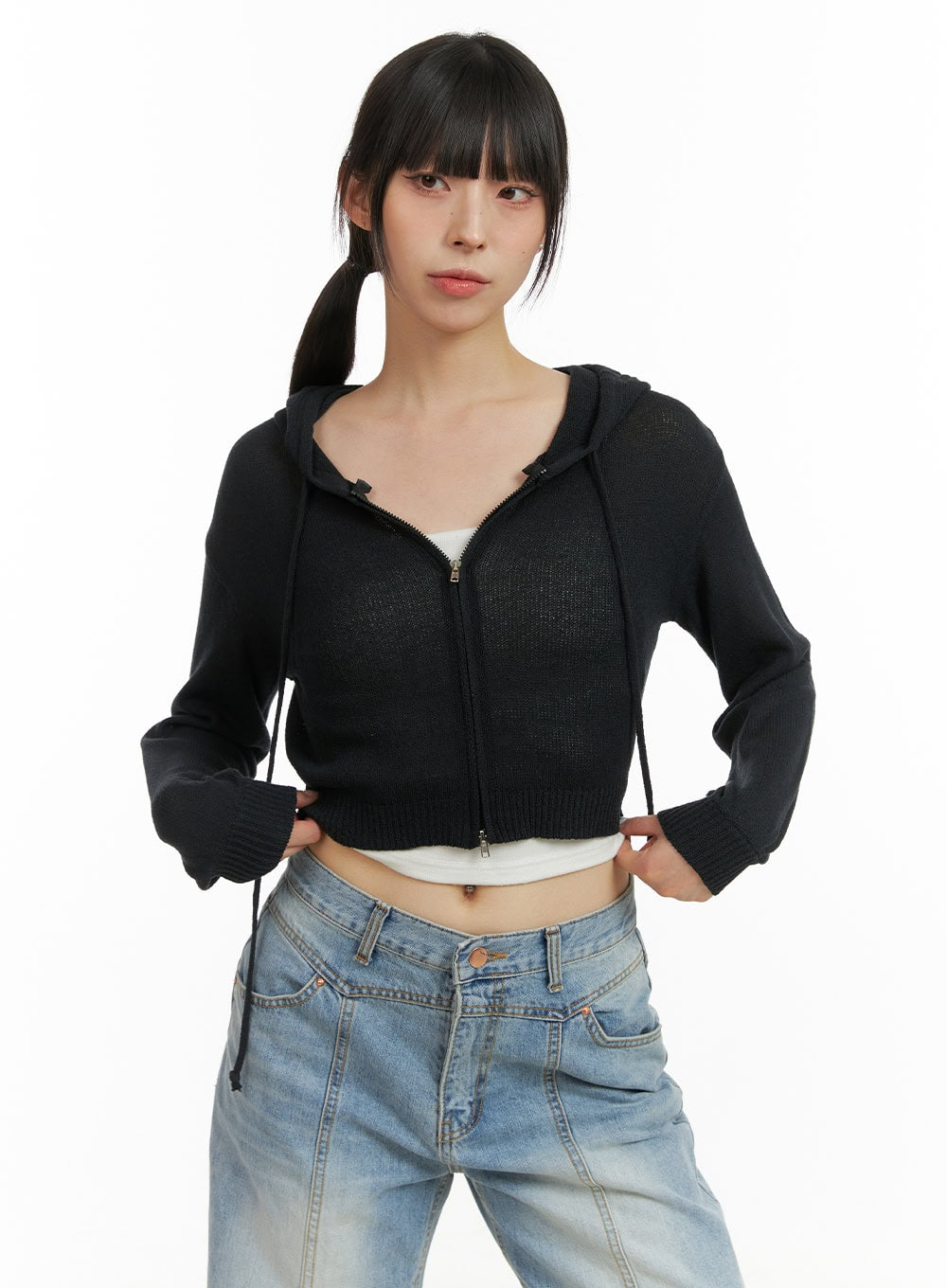 summer-zip-up-hooded-crop-top-cu424 / Black