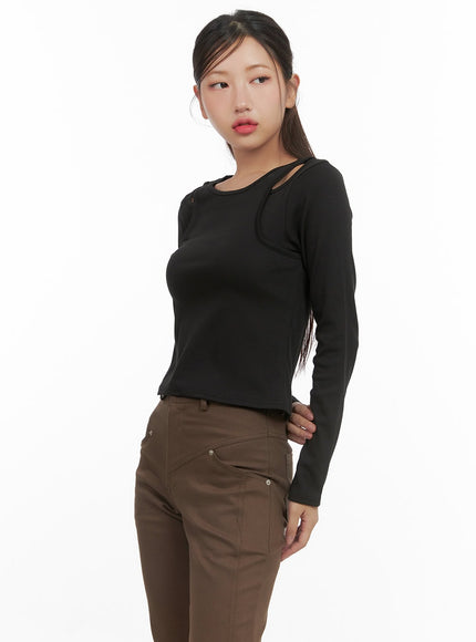 layered-cutout-long-sleeve-top-cs405 / Black