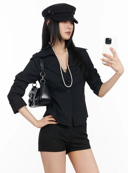 chic-striped-tailored-blazer-jacket-cm517 / Black