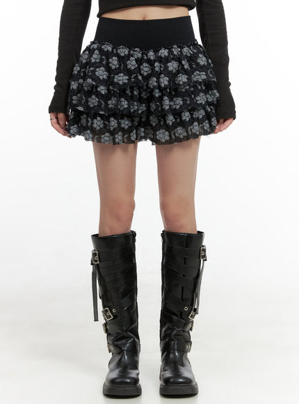 frill-lace-floral-mini-skirt-cg420 / Black