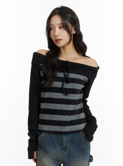 off-shoulder-striped-bowknot-top-cj417 / Black