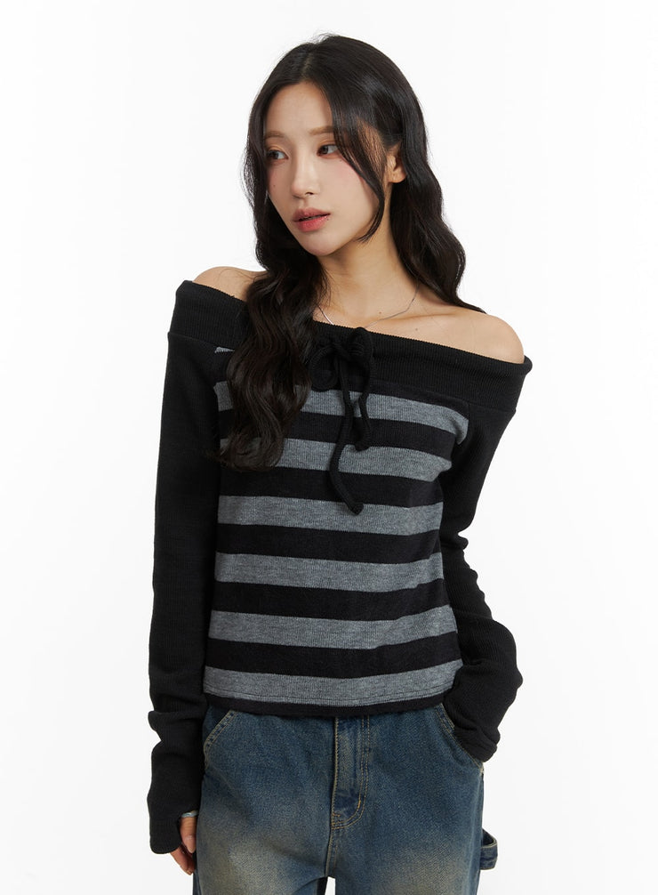 off-shoulder-striped-bowknot-top-cj417 / Black