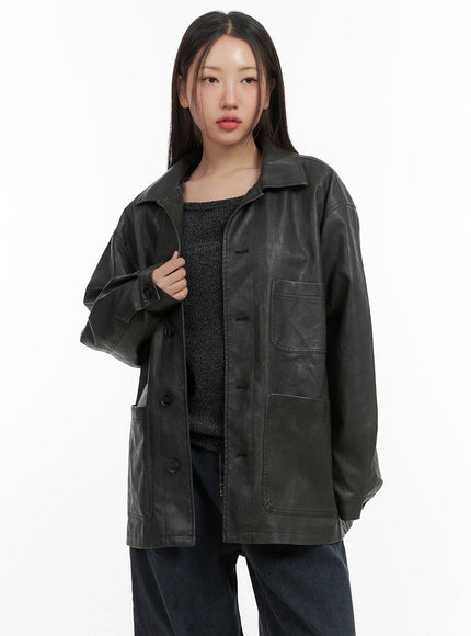 buttoned-faux-leather-jacket-co417 / Black