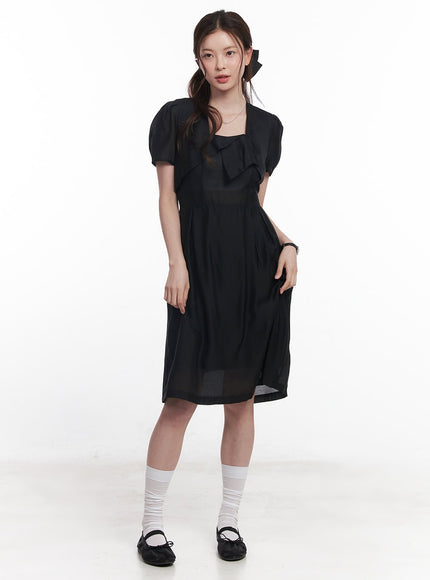 puff-sleeve-square-neck-midi-dress-cy519 / Black