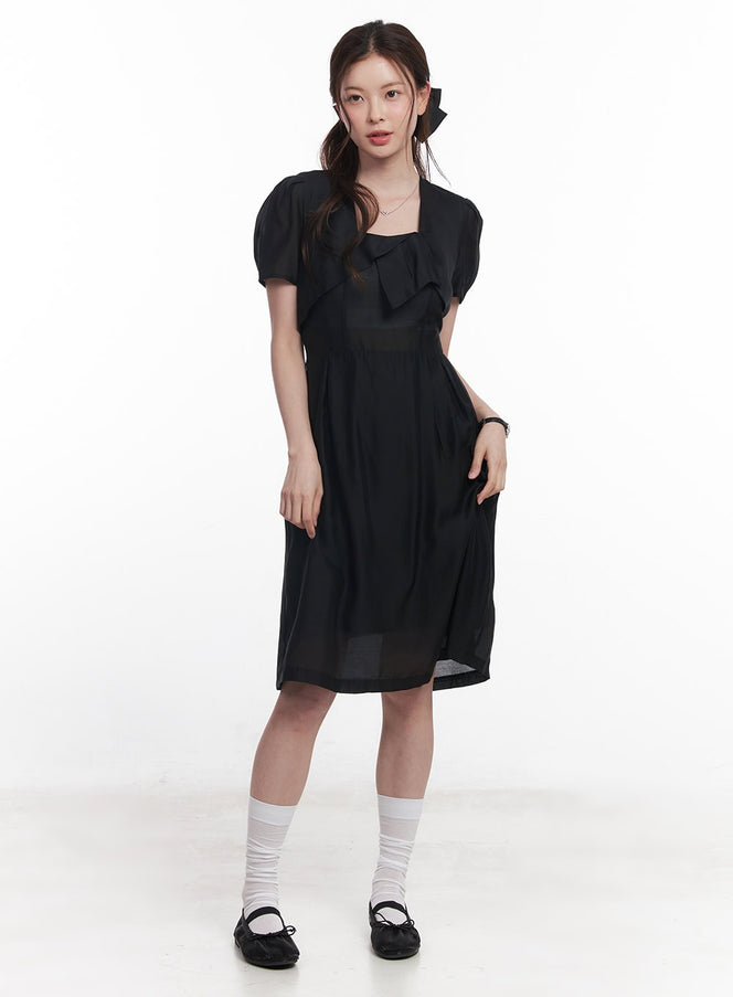 puff-sleeve-square-neck-midi-dress-cy519 / Black