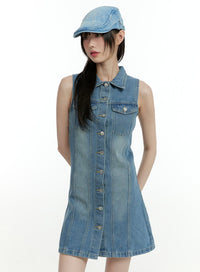 denim-collar-buttoned-sleeveless-mini-dress-cl426 / Blue
