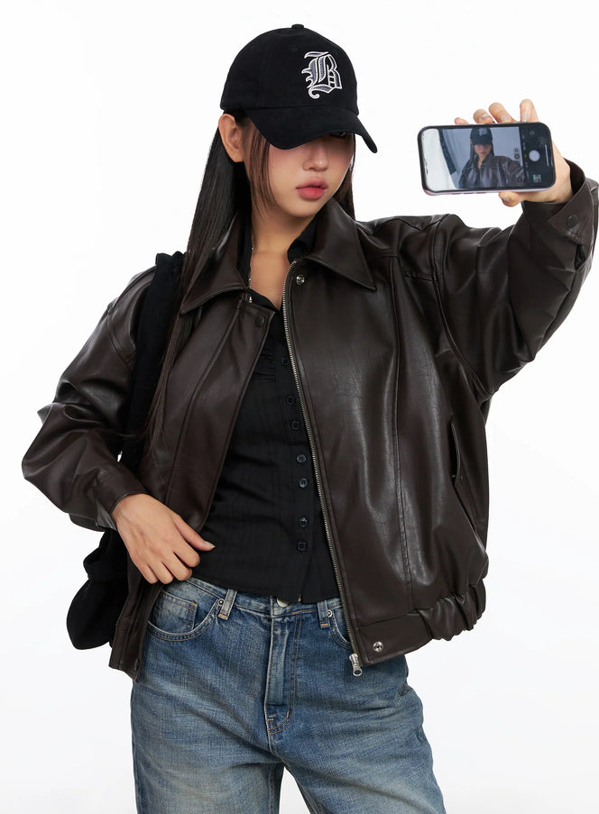 Faux Leather Bomber Jacket CD321 / brown
