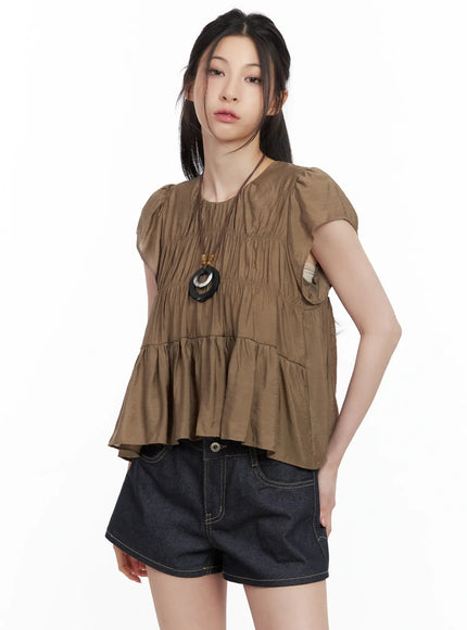 tiered-puff-sleeve-blouse-cl501 / Brown