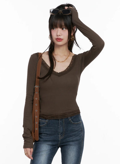 slim-ribbed-lace-trim-top-cg519 / Dark brown