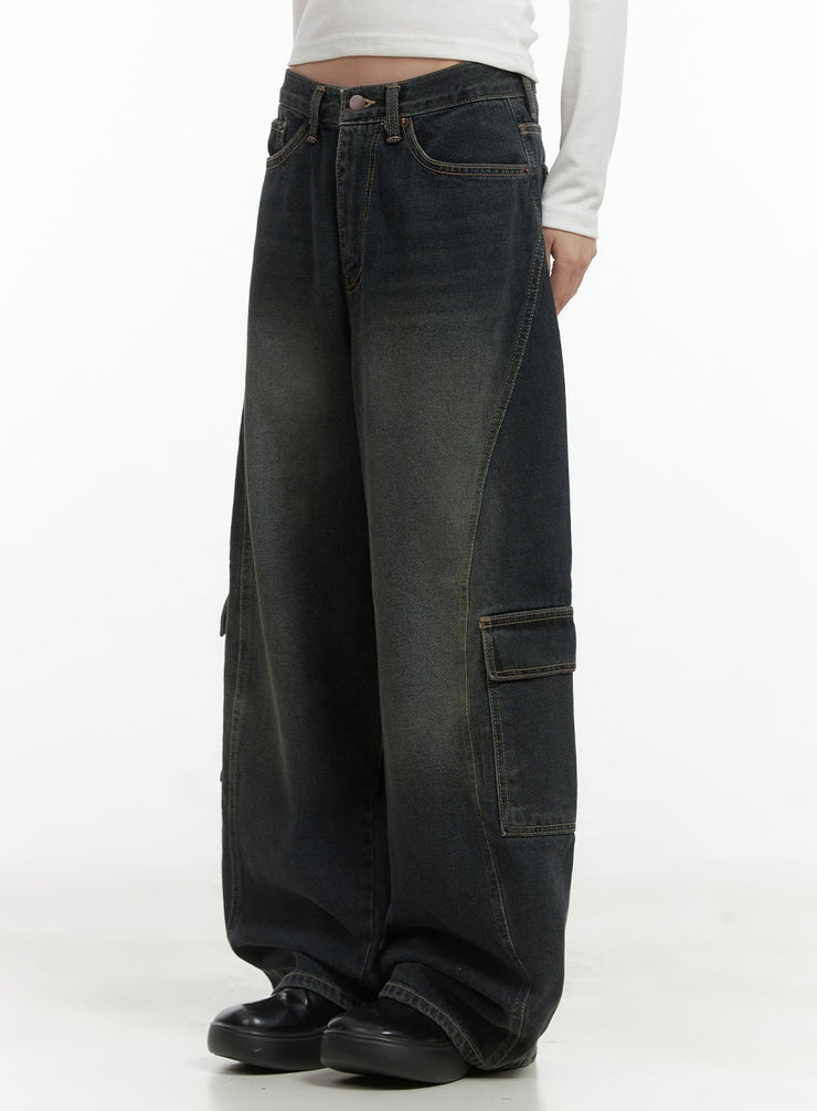 tess-wide-cargo-denim-pants-co410 / Dark blue