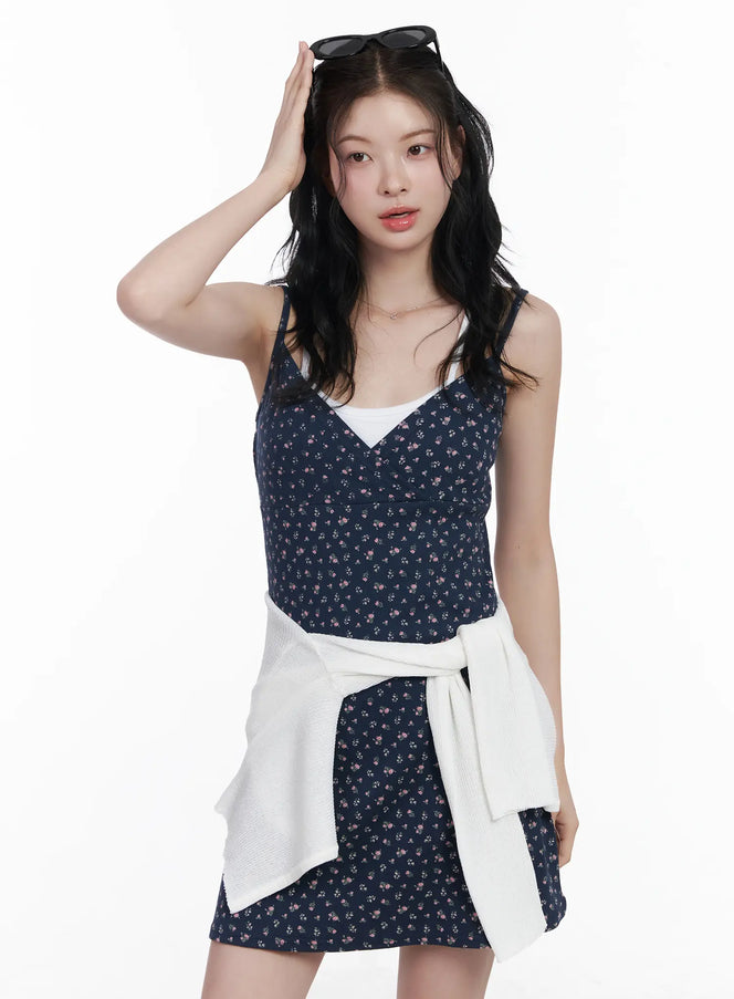 floral-v-neck-mini-dress-ca509 / Dark blue
