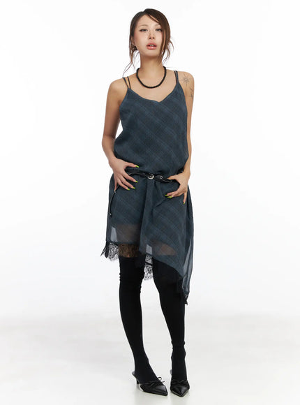 asymmetric-lace-trim-plaid-midi-dress-cf511 / Dark blue