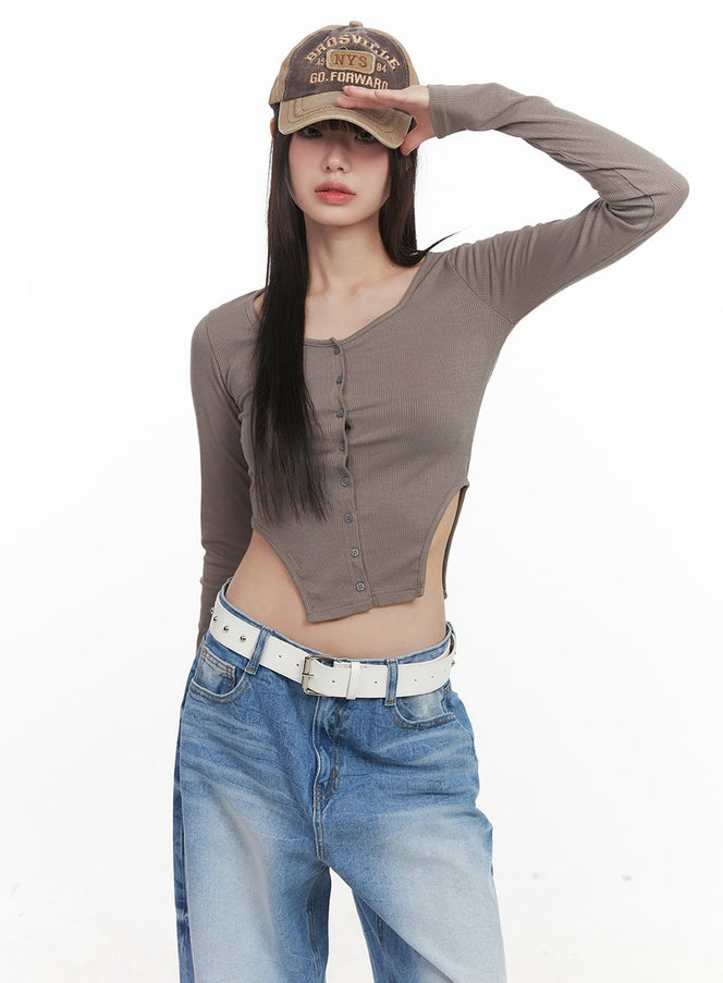 Buttoned Long-Sleeve Crop Top CJ524