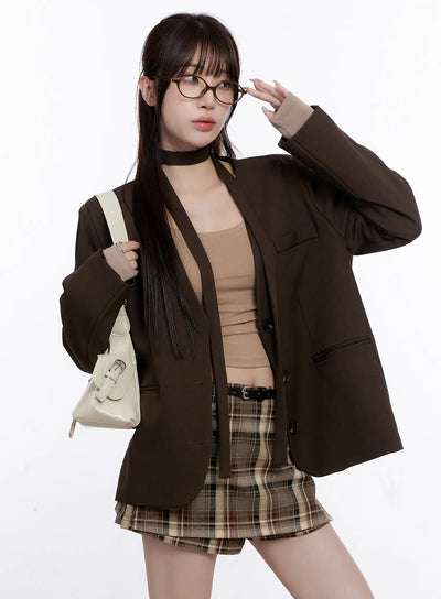 chic-shoulder-pad-tie-blazer-co501 / Dark brown