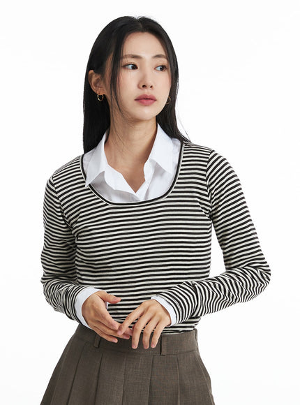 u-neck-stripe-long-sleeve-tee-oo319 / Dark brown