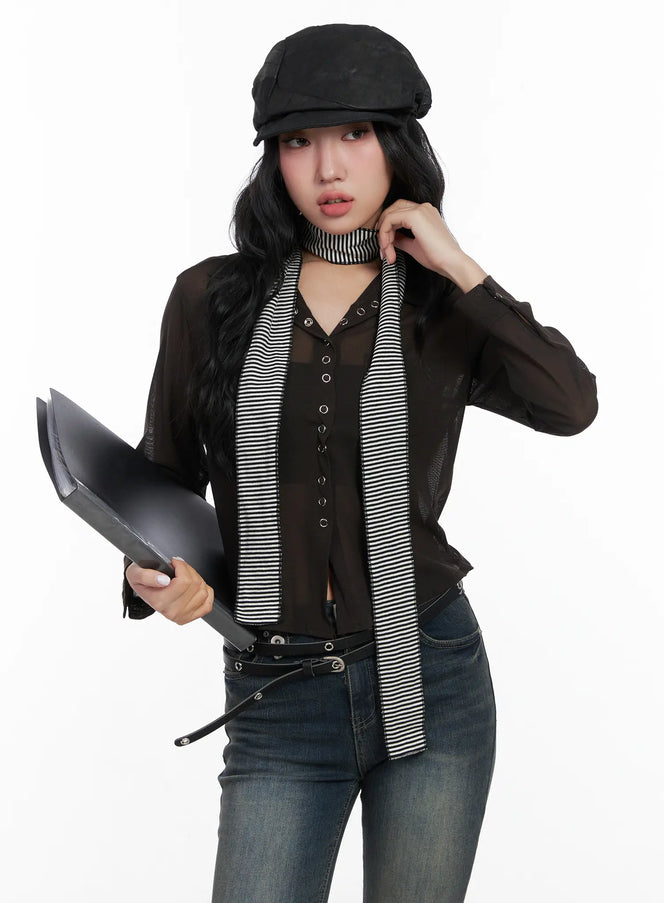 sheer-button-up-collar-blouse-cn514 / Brown