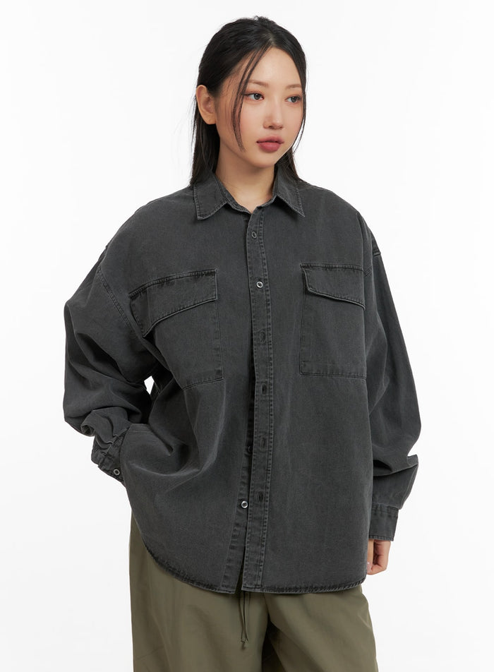 denim-collar-solid-pocket-blouse-cm419 / Dark gray