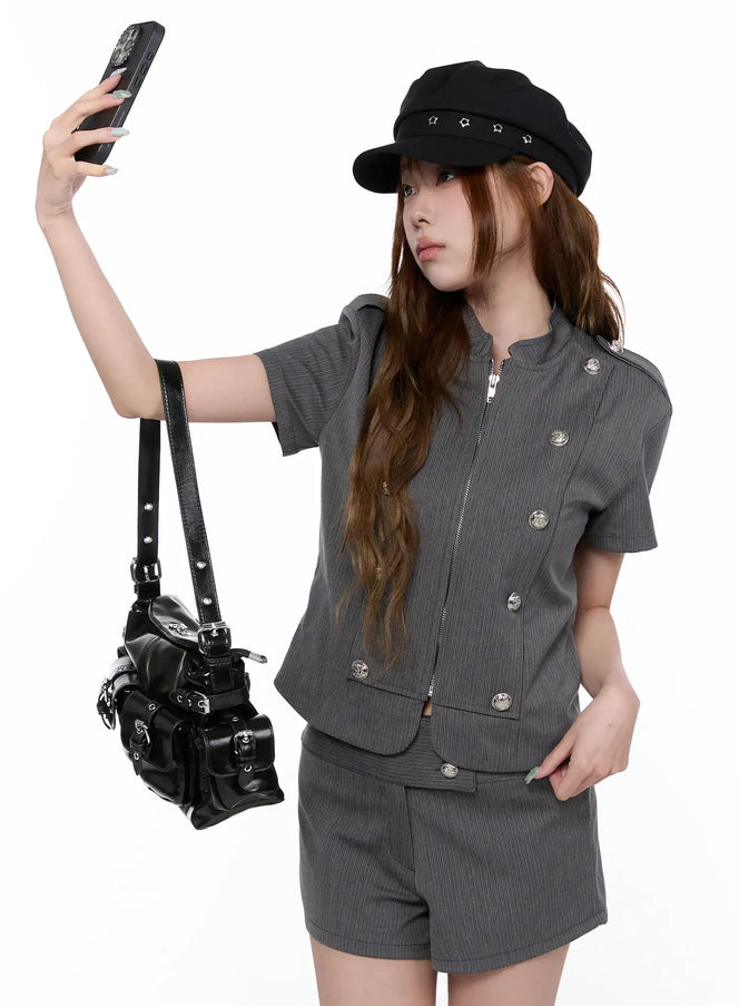 military-style-short-sleeve-jacket-ca520 / Dark gray