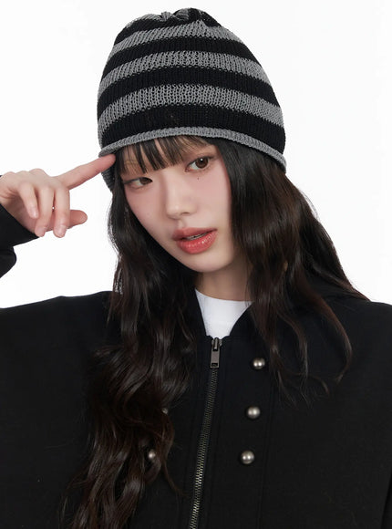 striped-ribbon-knit-beanie-cm526 / Dark gray