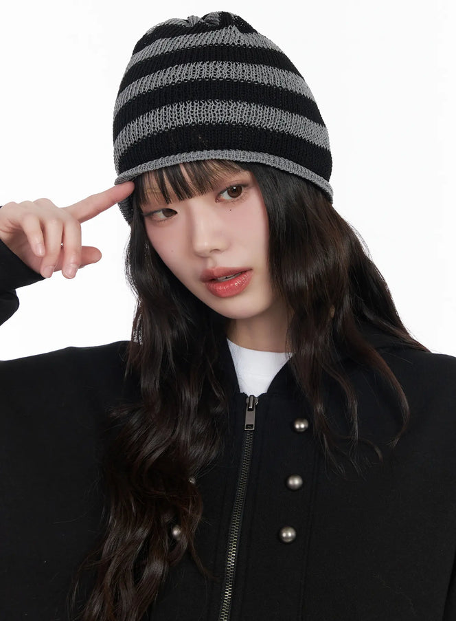striped-ribbon-knit-beanie-cm526 / Dark gray