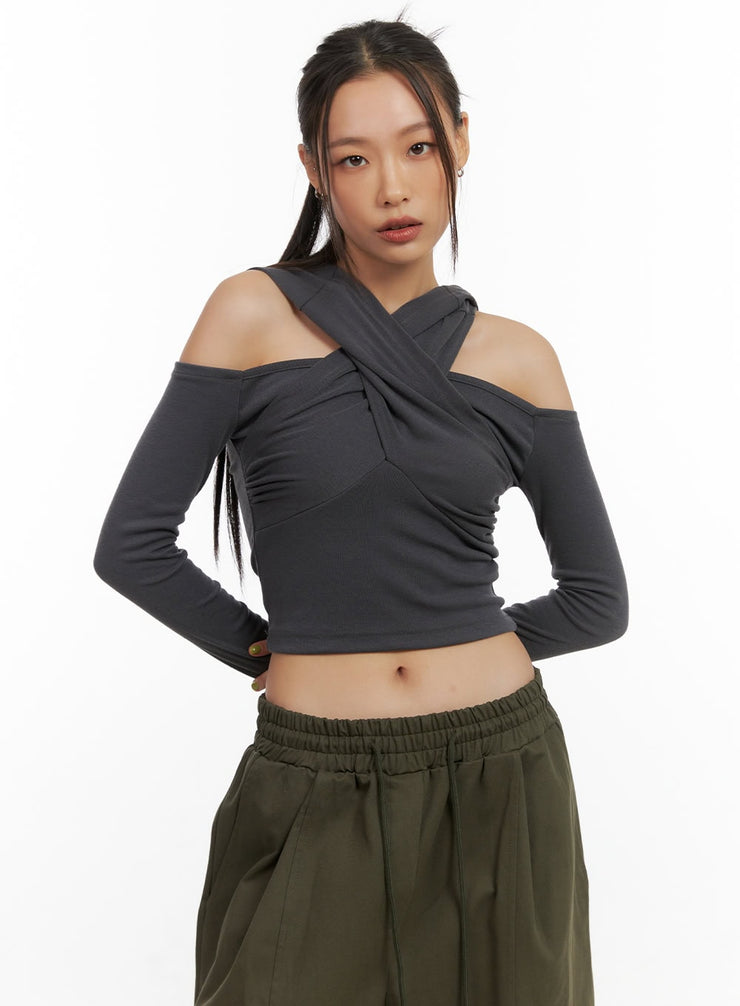 twist-hooded-long-sleeve-top-co424 / Dark gray