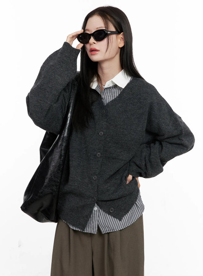 oversized-v-neck-cardigan-cn504 / Dark gray
