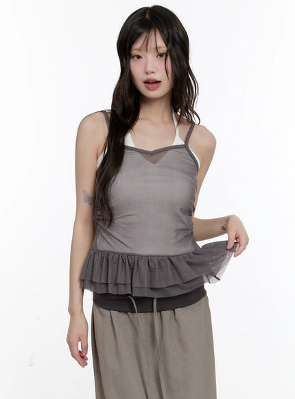 sheer-ruffle-detail-tank-cl507 / Dark gray