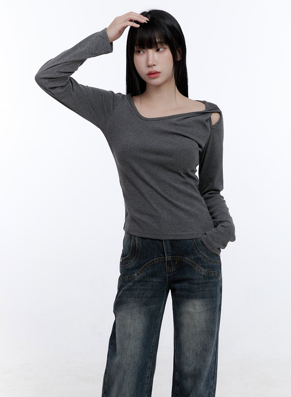 unbalanced-cut-out-long-sleeve-top-cd420 / Dark gray