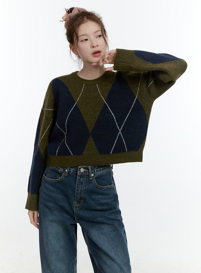 Large Argyle Cropped Sweater CF503