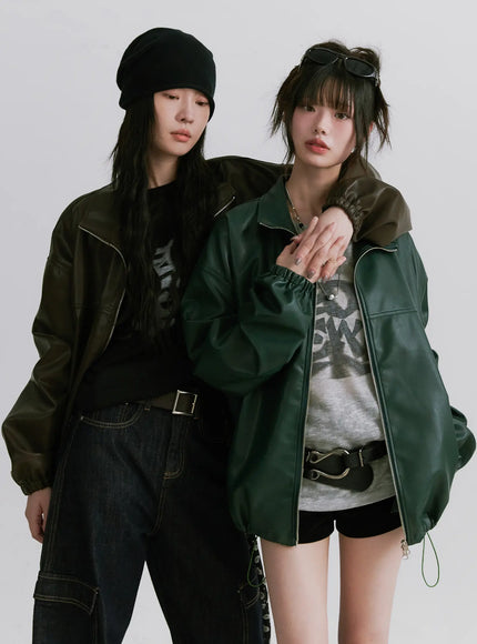 oversized-faux-leather-jacket-cn511 / Dark green