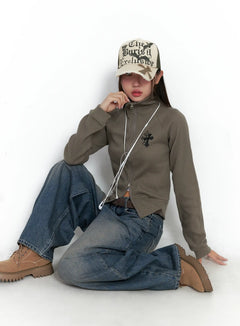 gothic-print-slim-fit-ribbed-zip-up-jacket-cs503 / Dark green