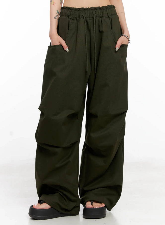 casual-wide-leg-pintuck-cotton-pants-cl525 / Dark green