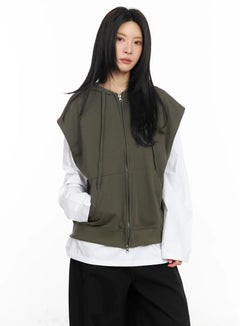 oversized-hooded-zip-up-vest-cm516 / Dark green