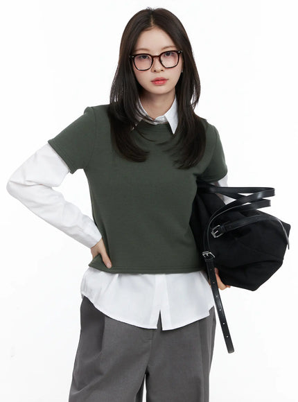 fleece-lined-short-sleeve-top-cn519 / Dark green