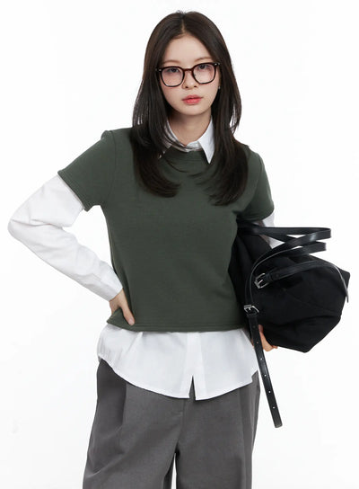 fleece-lined-short-sleeve-top-cn519 / Dark green