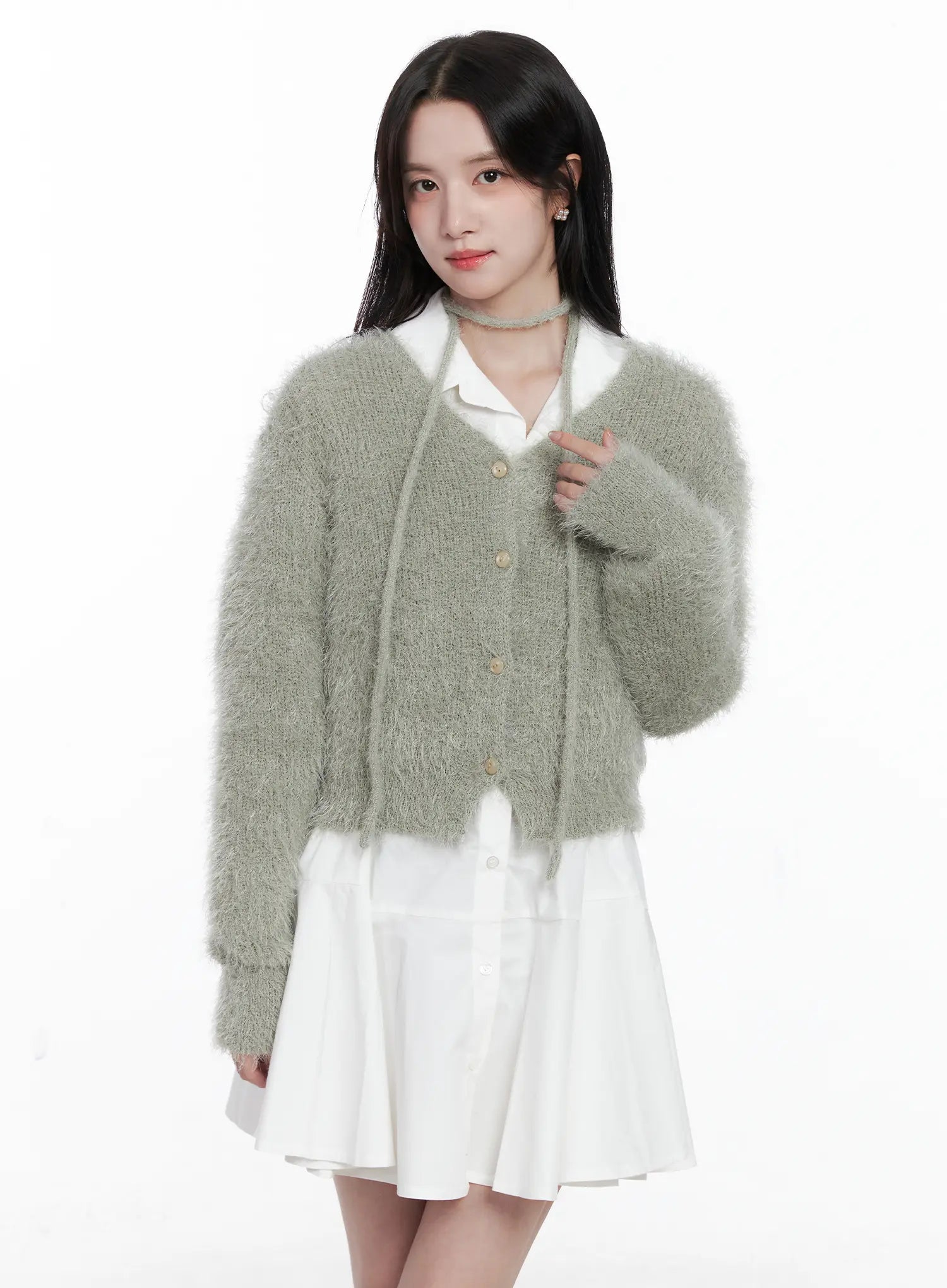 fluffy-knit-cardigan-scarf-set-cs519 / Dark green