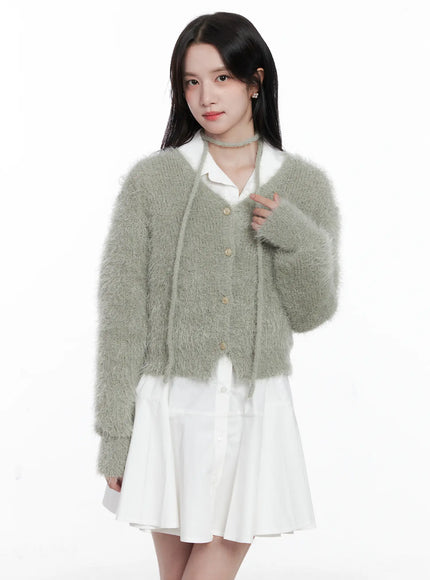 fluffy-knit-cardigan-scarf-set-cs519 / Dark green