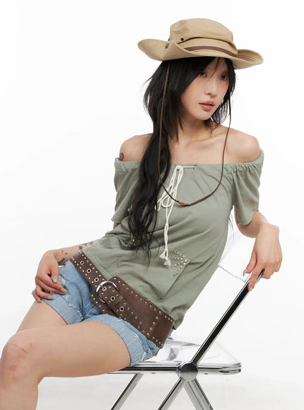 off-shoulder-drawstring-top-cl528 / Dark green