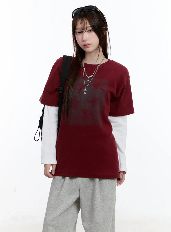 oversized-graphic-fleece-lined-shirt-cn525 / Dark red