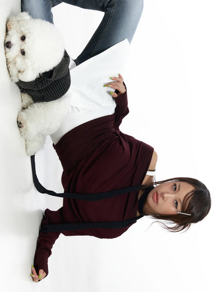 asymmetric-one-shoulder-long-sleeve-top-cf513 / Dark red